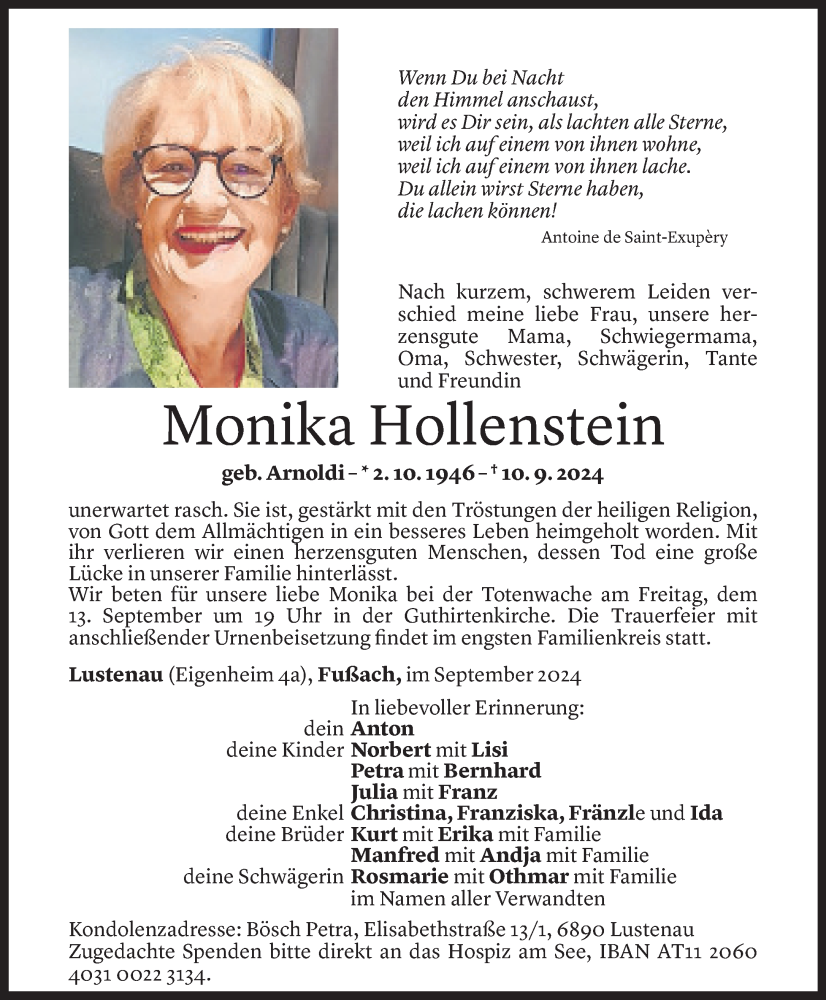  Todesanzeige für Monika Hollenstein vom 12.09.2024 aus Vorarlberger Nachrichten