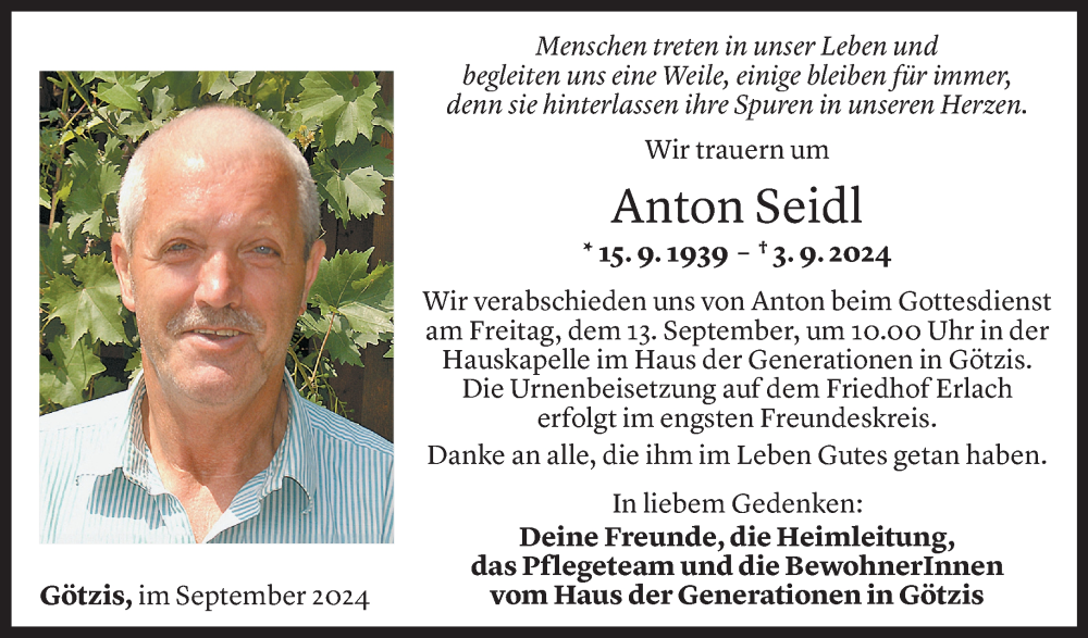  Todesanzeige für Anton Seidl vom 11.09.2024 aus Vorarlberger Nachrichten