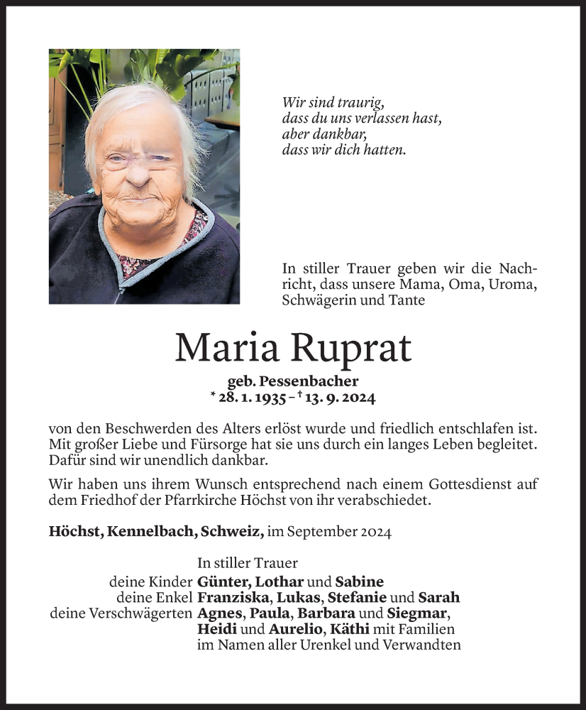  Todesanzeige für Maria Ruprat vom 20.09.2024 aus Vorarlberger Nachrichten