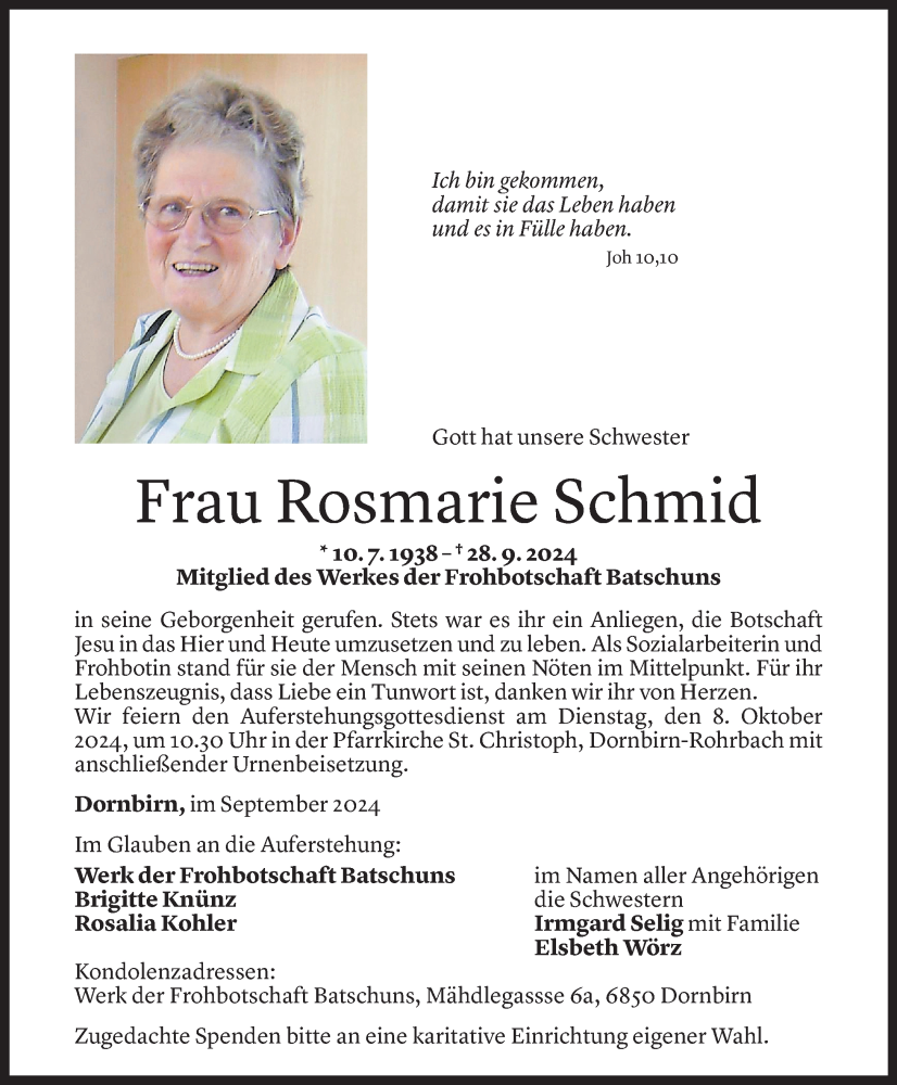  Todesanzeige für Rosmarie Schmid vom 01.10.2024 aus Vorarlberger Nachrichten