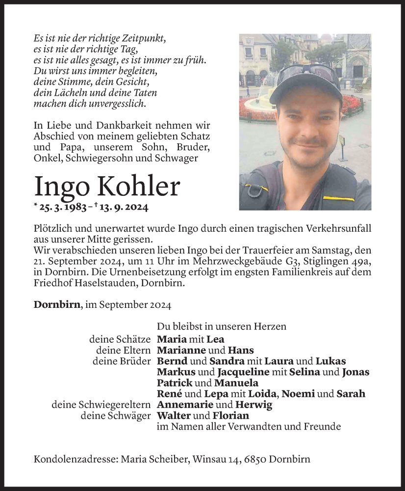  Todesanzeige für Ingo Kohler vom 17.09.2024 aus Vorarlberger Nachrichten