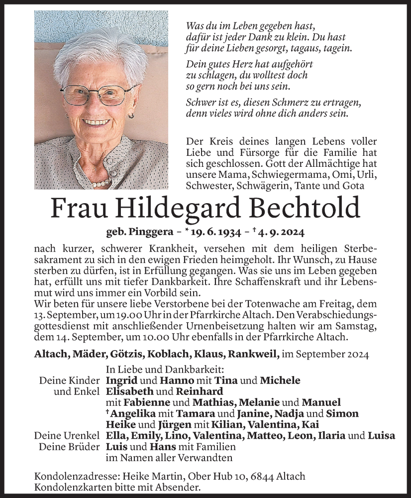  Todesanzeige für Hildegard Bechtold vom 11.09.2024 aus Vorarlberger Nachrichten