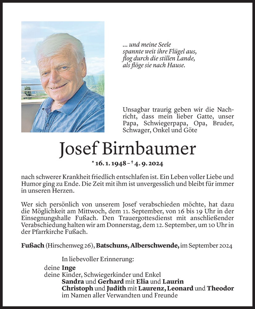  Todesanzeige für Josef Birnbaumer vom 06.09.2024 aus Vorarlberger Nachrichten