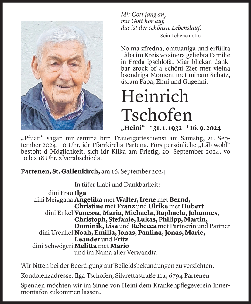  Todesanzeige für Heinrich Tschofen vom 17.09.2024 aus Vorarlberger Nachrichten