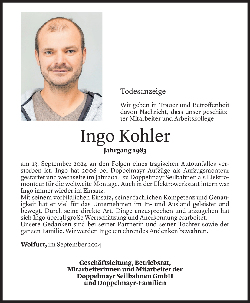  Todesanzeige für Ingo Kohler vom 17.09.2024 aus Vorarlberger Nachrichten