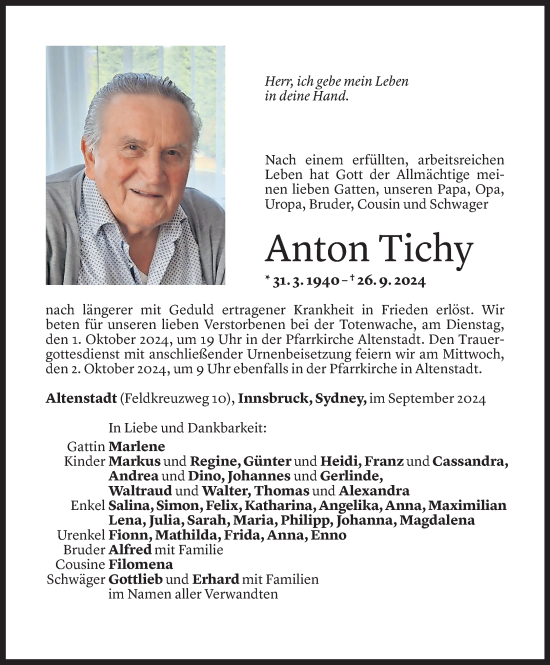 Todesanzeige von Anton Tichy von Vorarlberger Nachrichten