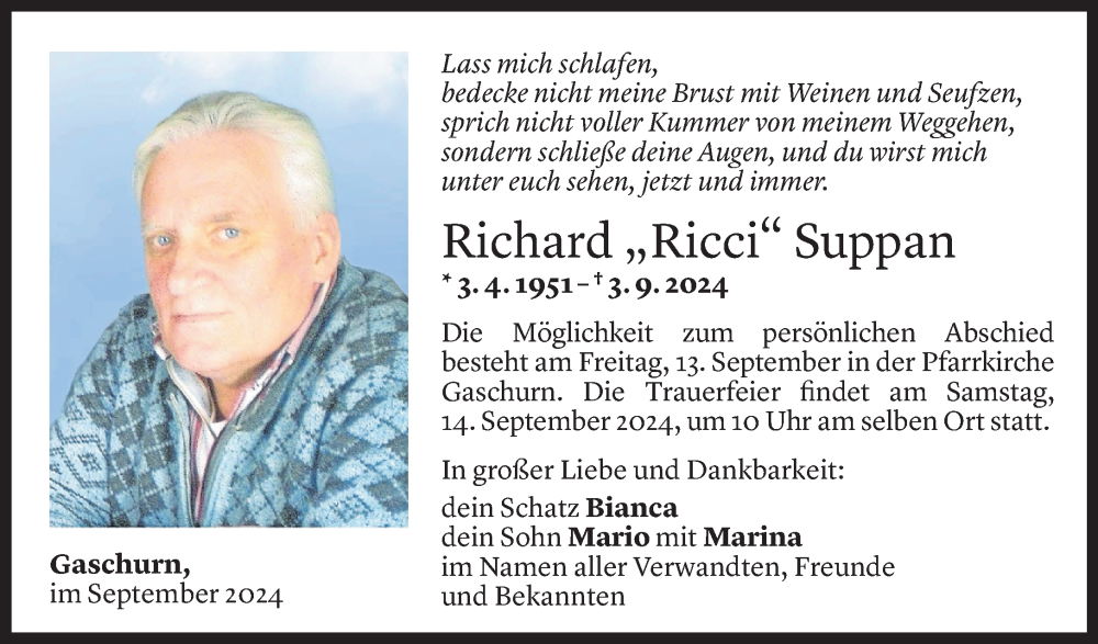  Todesanzeige für Richard Suppan vom 08.09.2024 aus Vorarlberger Nachrichten