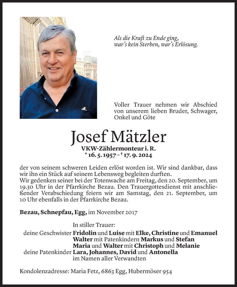  Todesanzeige für Josef Mätzler vom 18.09.2024 aus Vorarlberger Nachrichten