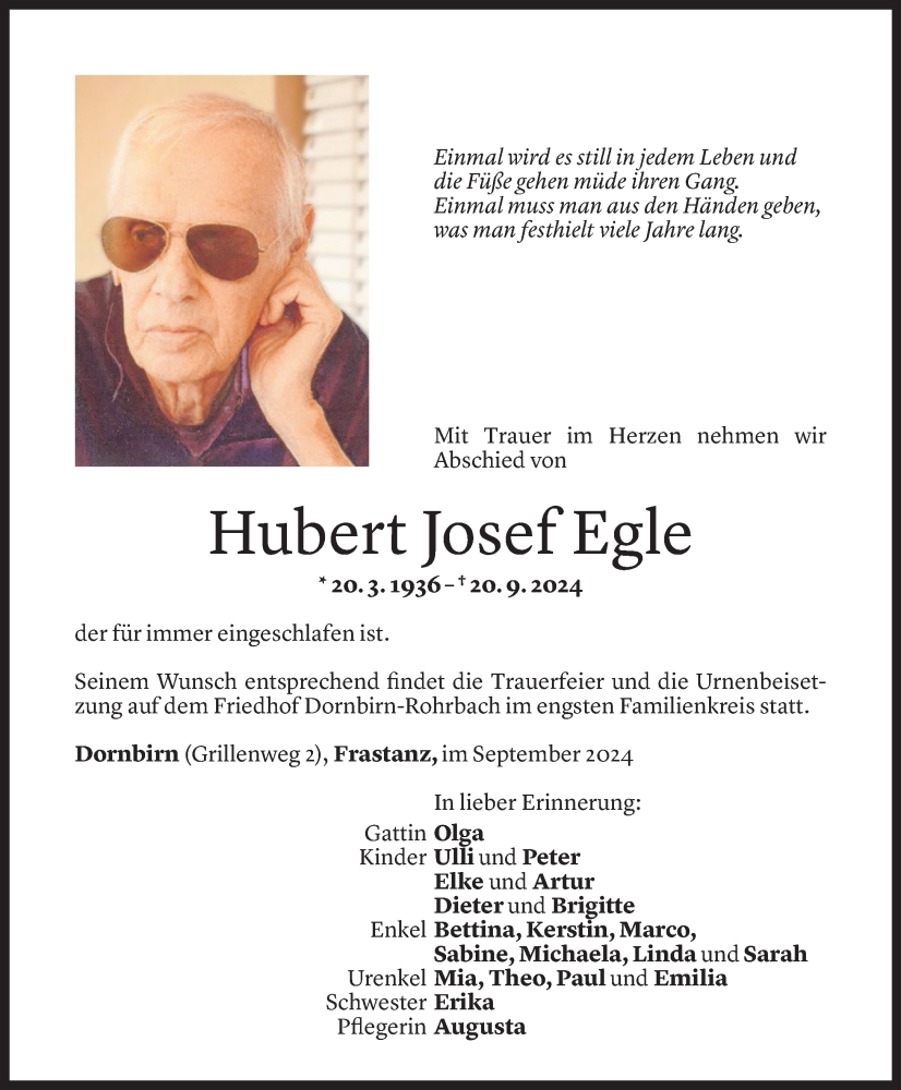  Todesanzeige für Hubert Josef Egle vom 25.09.2024 aus Vorarlberger Nachrichten