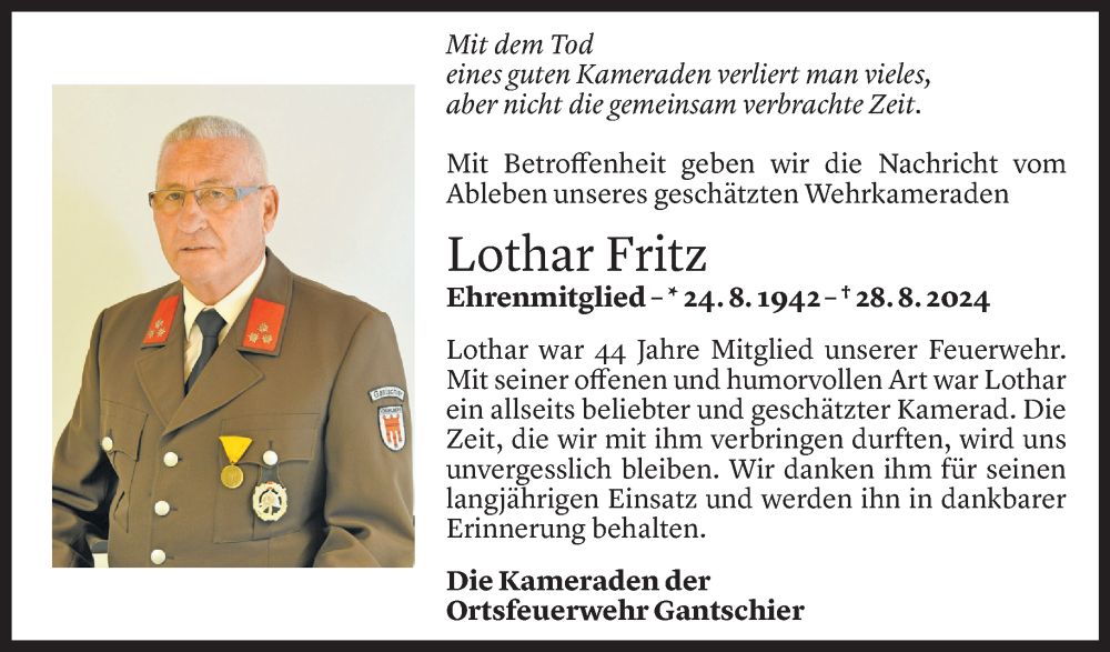  Todesanzeige für Lothar Fritz vom 03.09.2024 aus Vorarlberger Nachrichten