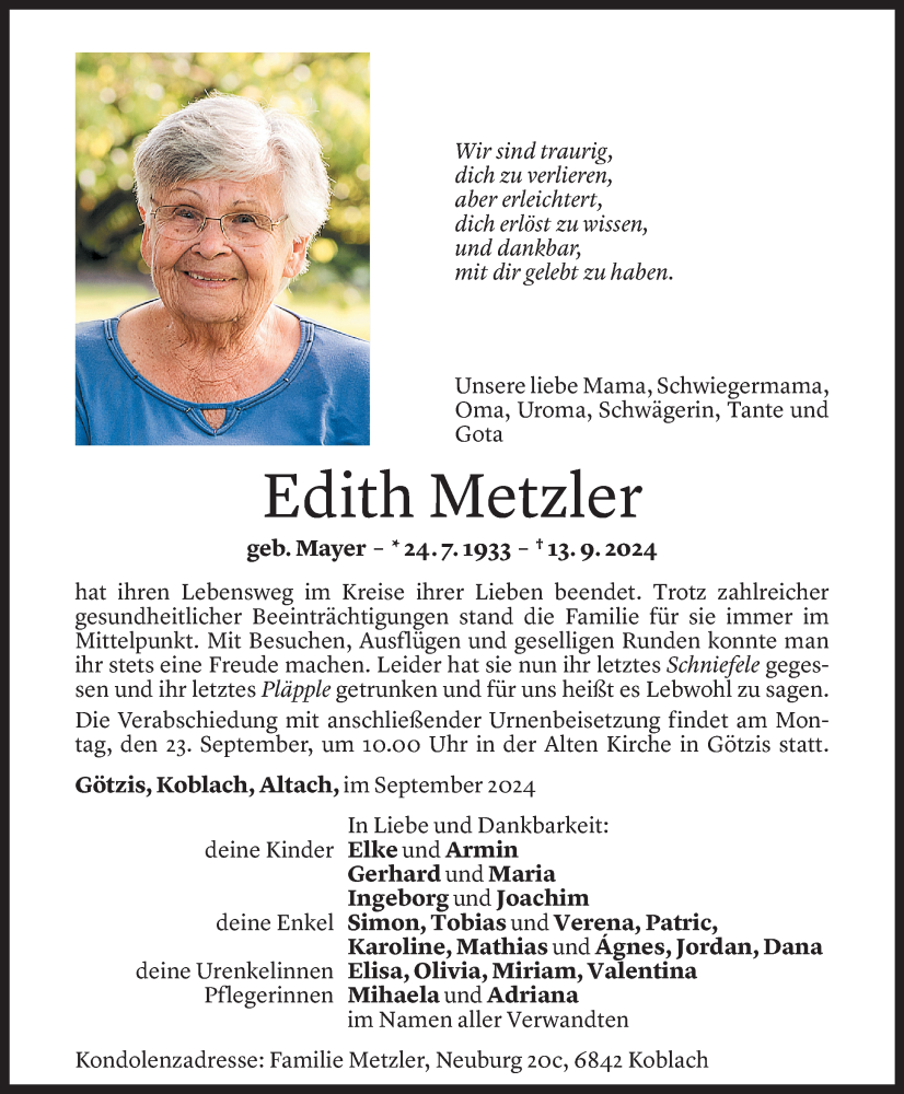  Todesanzeige für Edith Metzler vom 18.09.2024 aus Vorarlberger Nachrichten