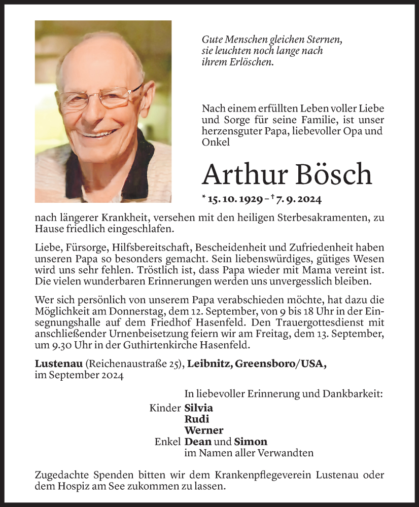  Todesanzeige für Arthur Bösch vom 10.09.2024 aus Vorarlberger Nachrichten