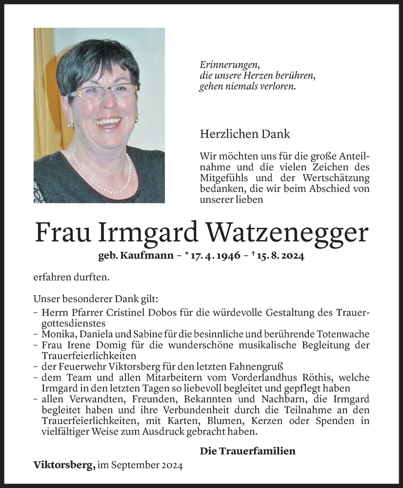  Todesanzeige für Irmgard Watzenegger vom 25.09.2024 aus Vorarlberger Nachrichten