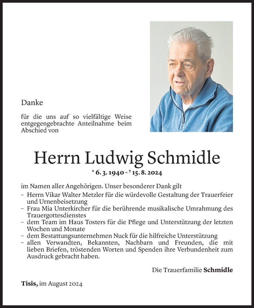  Todesanzeige für Ludwig Schmidle vom 06.09.2024 aus Vorarlberger Nachrichten