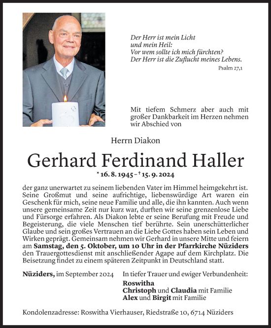 Todesanzeige von Gerhard Ferdinand Haller von Vorarlberger Nachrichten