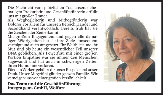 Todesanzeige von Dolores Salzmann von Vorarlberger Nachrichten