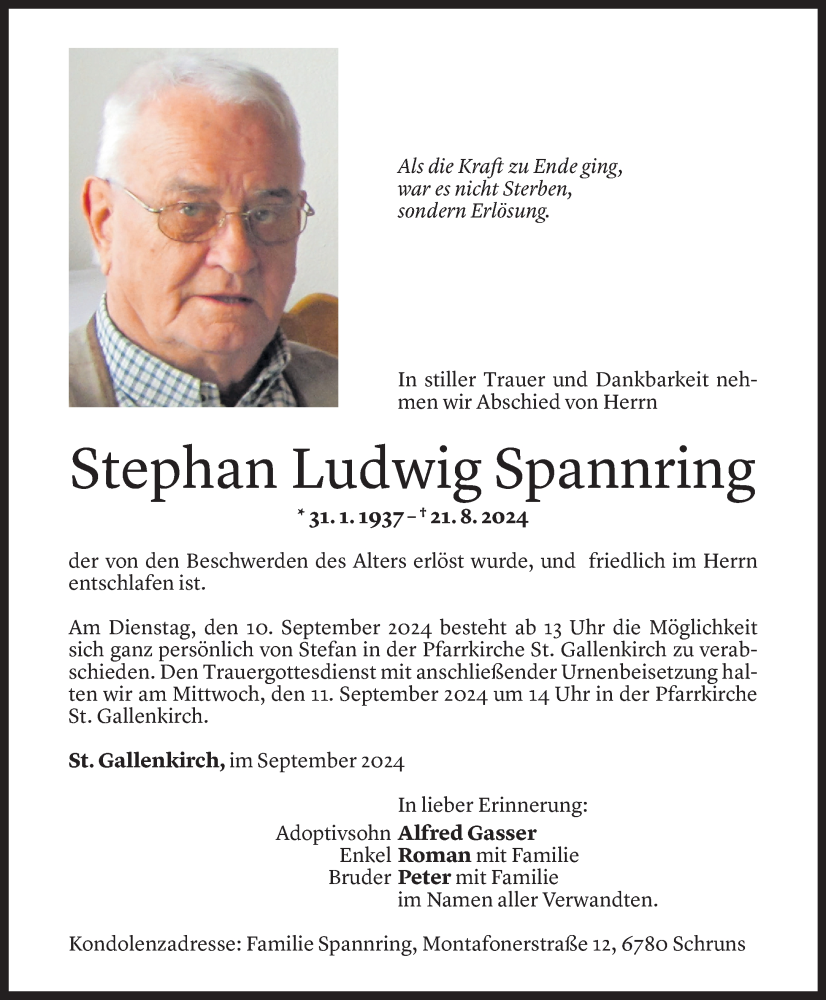  Todesanzeige für Stephan Spannring vom 04.09.2024 aus Vorarlberger Nachrichten