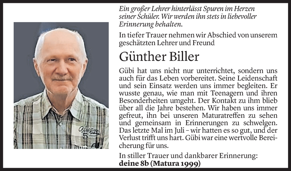  Todesanzeige für Günther Biller vom 14.09.2024 aus Vorarlberger Nachrichten