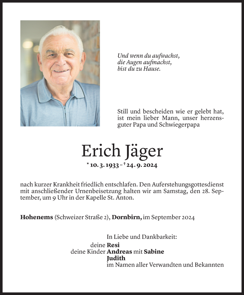  Todesanzeige für Erich Jäger vom 26.09.2024 aus Vorarlberger Nachrichten