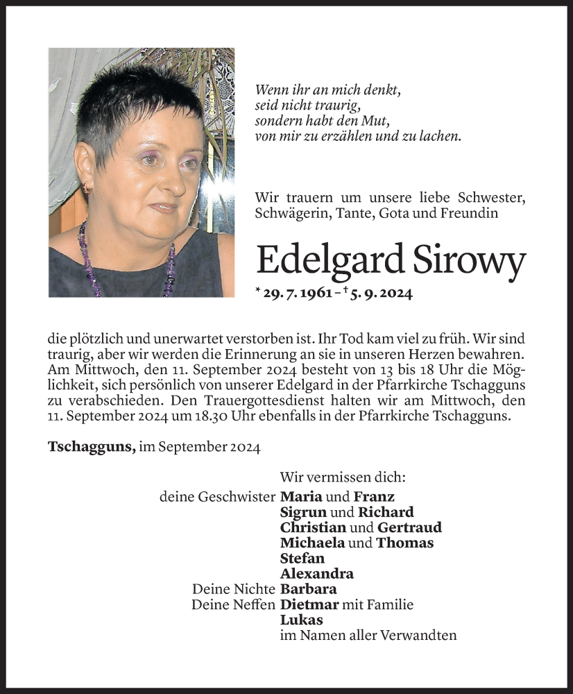  Todesanzeige für Edelgard Sirowy vom 06.09.2024 aus Vorarlberger Nachrichten