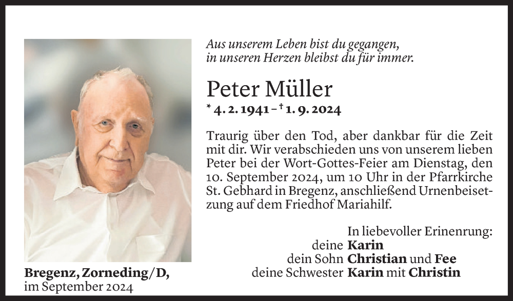  Todesanzeige für Peter Müller vom 06.09.2024 aus Vorarlberger Nachrichten