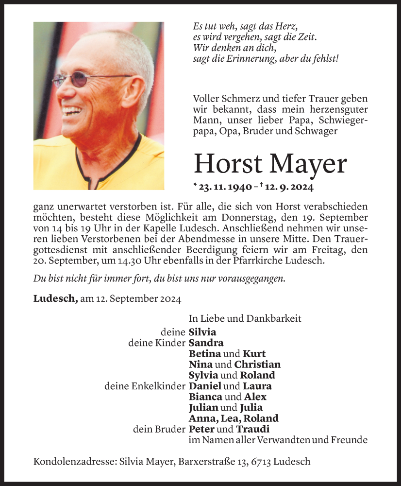  Todesanzeige für Horst Mayer vom 13.09.2024 aus Vorarlberger Nachrichten