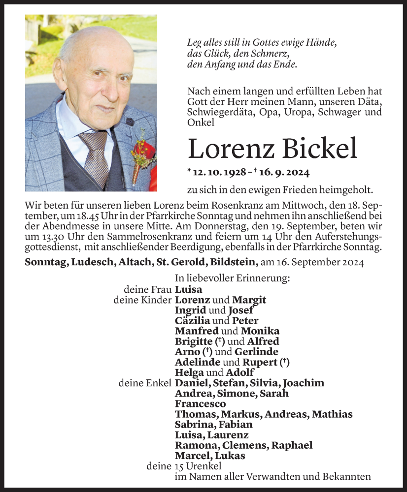  Todesanzeige für Lorenz Bickel vom 16.09.2024 aus Vorarlberger Nachrichten