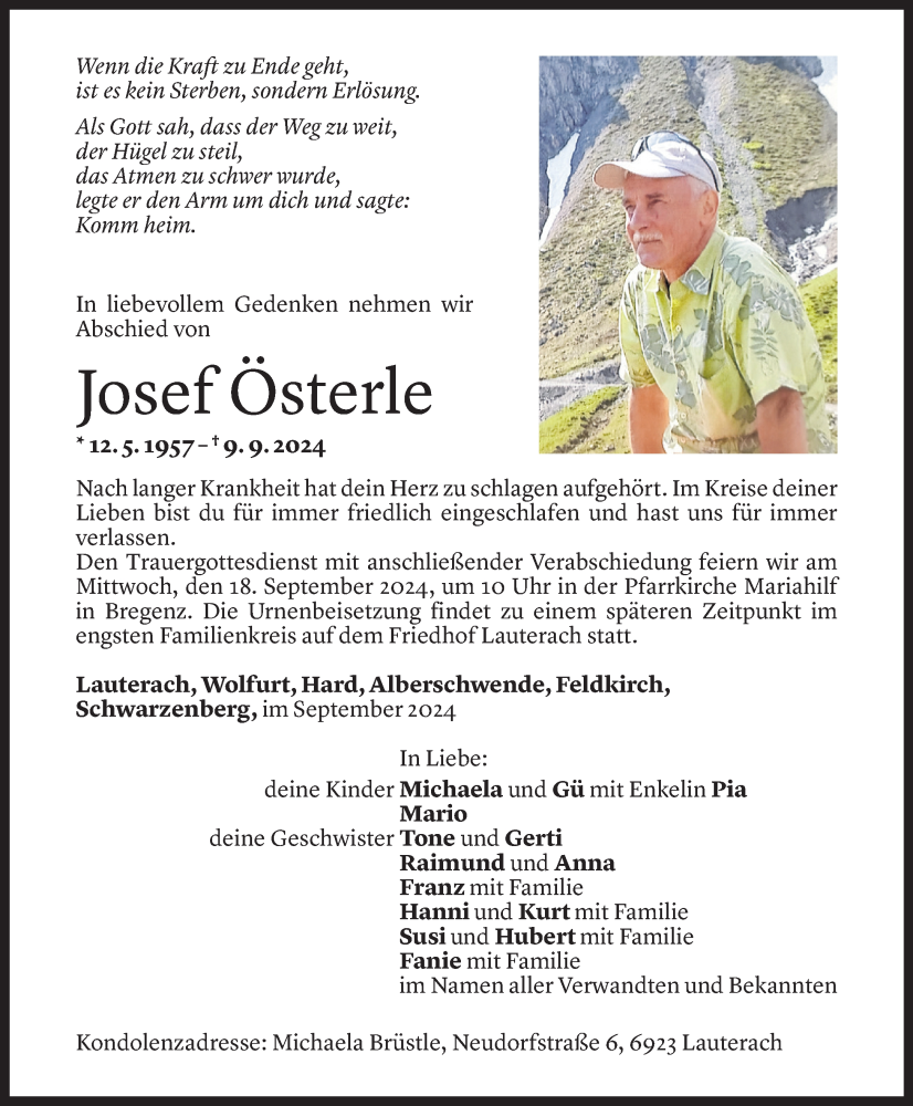  Todesanzeige für Josef Österle vom 13.09.2024 aus Vorarlberger Nachrichten