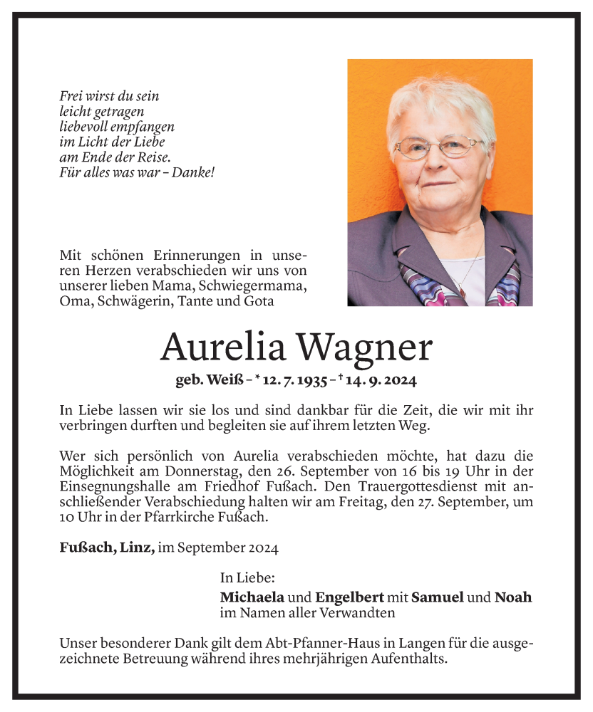  Todesanzeige für Aurelia Wagner vom 20.09.2024 aus Vorarlberger Nachrichten