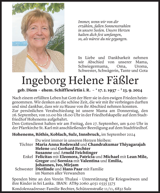 Todesanzeige von Ingeborg Helene Fäßler von Vorarlberger Nachrichten