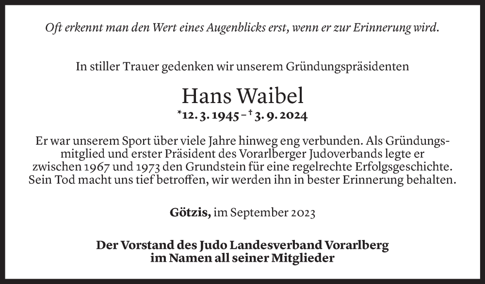  Todesanzeige für Hans Waibel vom 11.09.2024 aus Vorarlberger Nachrichten