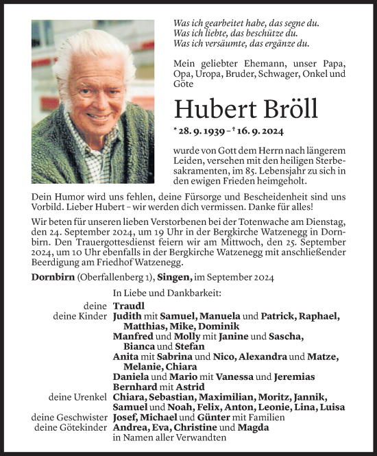 Todesanzeige von Hubert Bröll von Vorarlberger Nachrichten