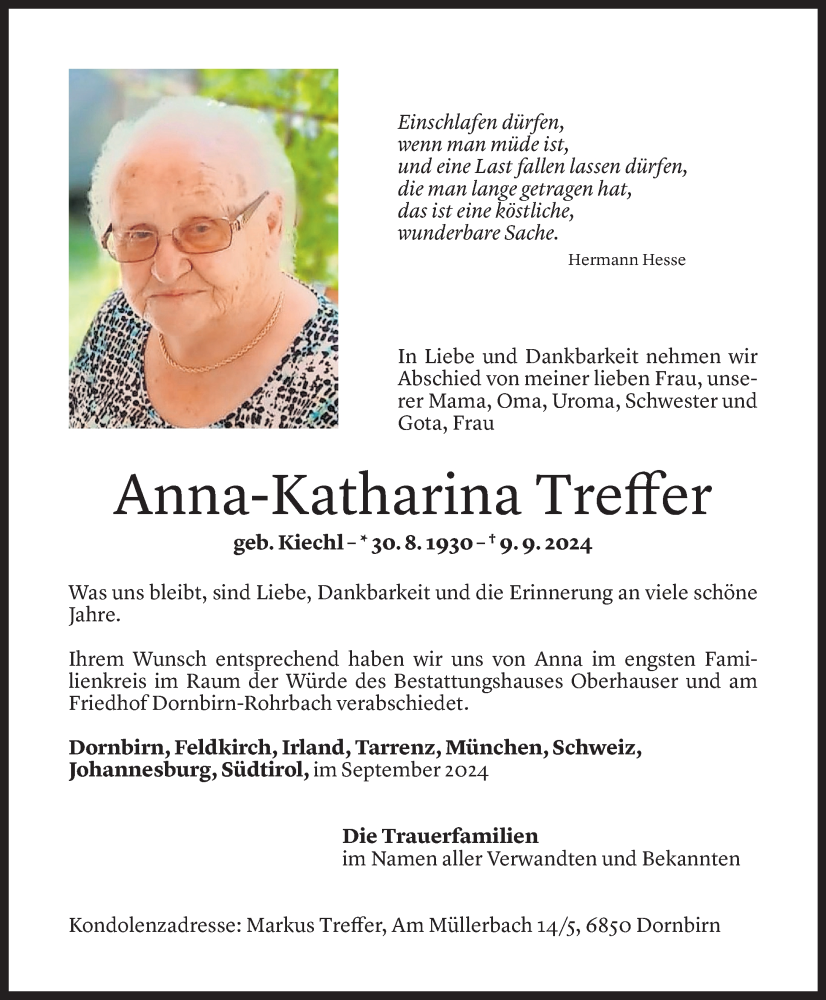  Todesanzeige für Anna-Katharina Treffer vom 20.09.2024 aus Vorarlberger Nachrichten