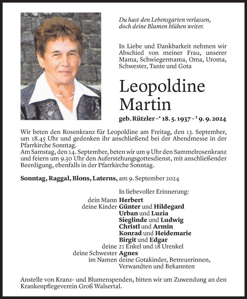  Todesanzeige für Leopoldine Martin vom 12.09.2024 aus Vorarlberger Nachrichten