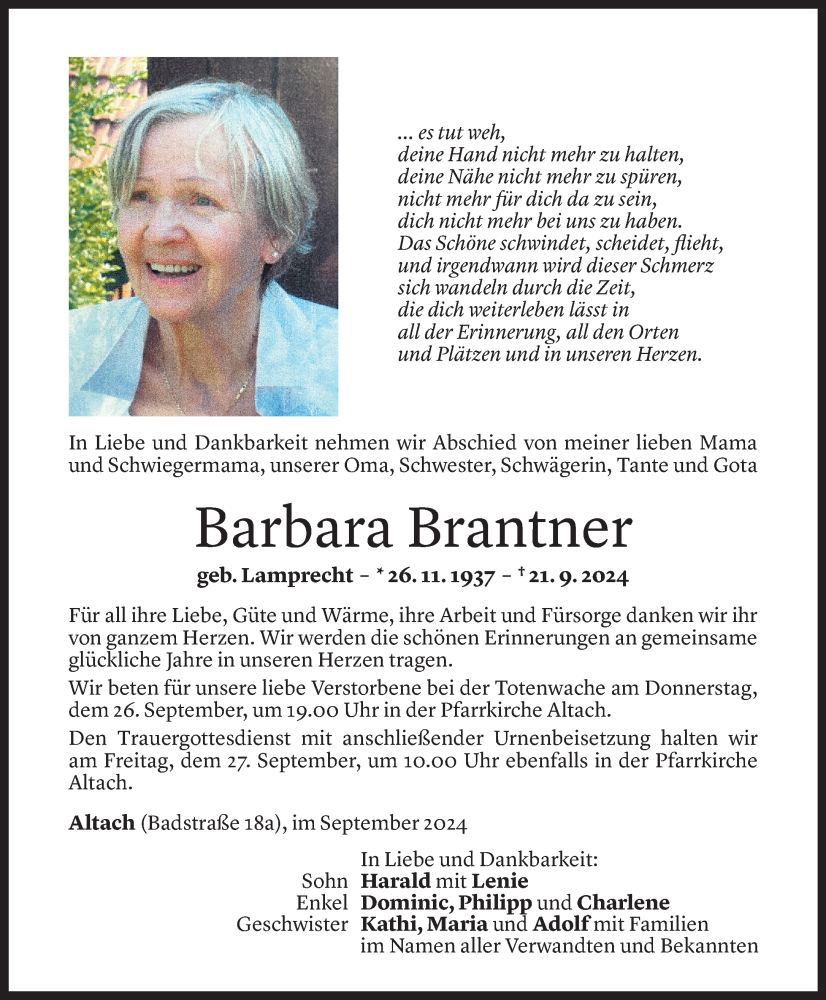  Todesanzeige für Barbara Brantner vom 24.09.2024 aus Vorarlberger Nachrichten