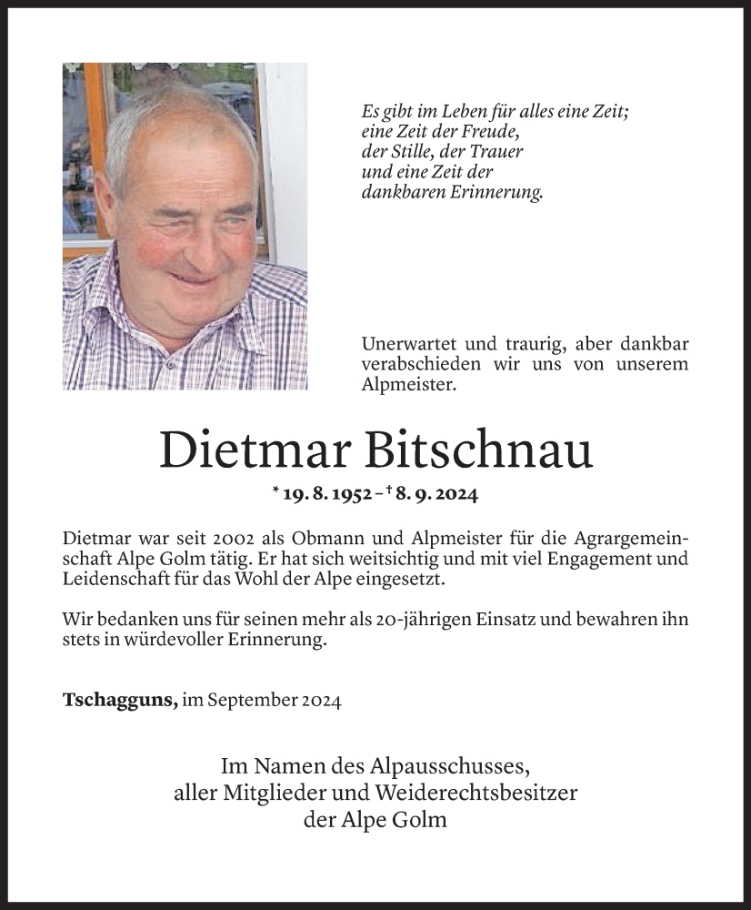  Todesanzeige für Dietmar Bitschnau vom 14.09.2024 aus Vorarlberger Nachrichten