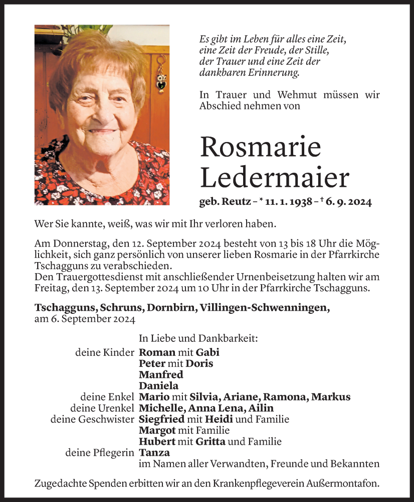  Todesanzeige für Rosmarie Ledermaier vom 11.09.2024 aus Vorarlberger Nachrichten