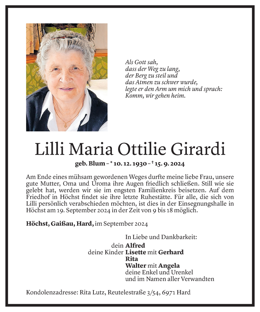  Todesanzeige für Lilli Maria Ottilie Girardi vom 17.09.2024 aus Vorarlberger Nachrichten