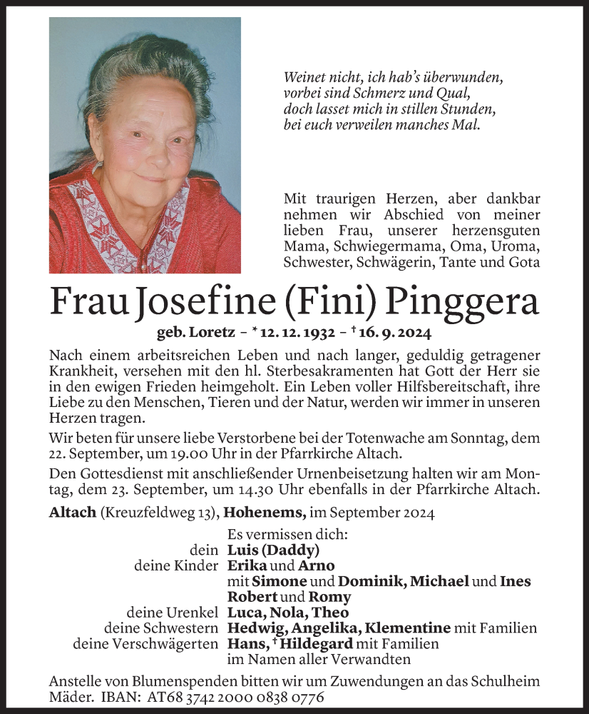  Todesanzeige für Josefine Pinggera vom 17.09.2024 aus Vorarlberger Nachrichten