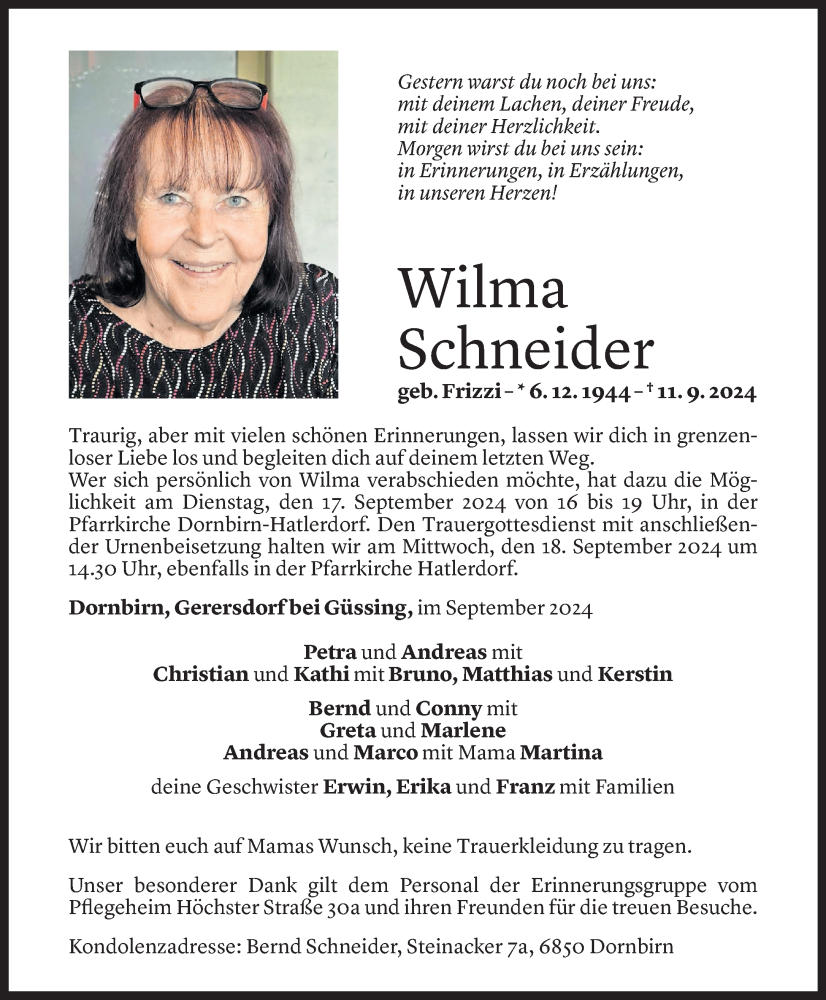  Todesanzeige für Wilma Schneider vom 13.09.2024 aus Vorarlberger Nachrichten