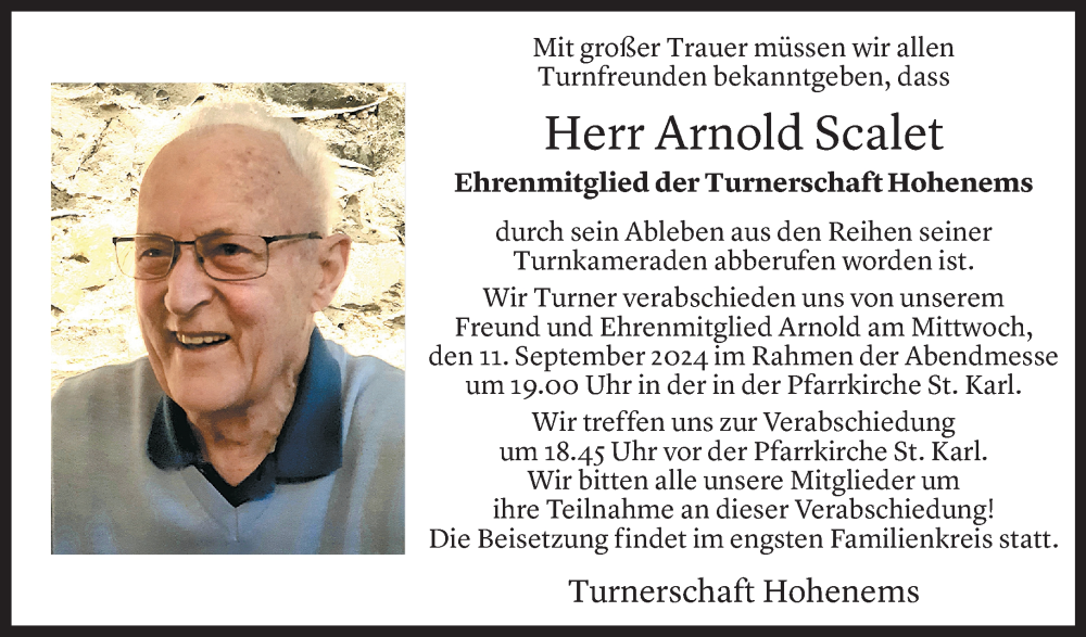  Todesanzeige für Arnold Scalet vom 06.09.2024 aus Vorarlberger Nachrichten