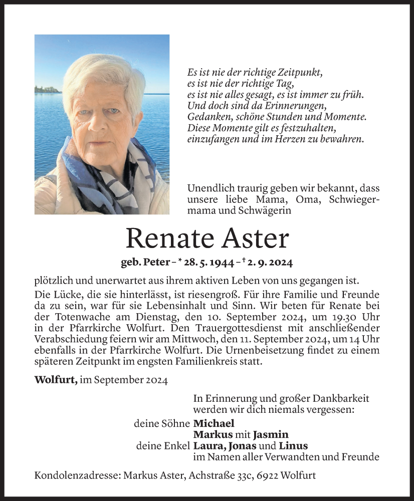  Todesanzeige für Renate Aster vom 07.09.2024 aus Vorarlberger Nachrichten