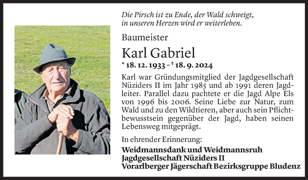  Todesanzeige für Karl Gabriel vom 24.09.2024 aus Vorarlberger Nachrichten