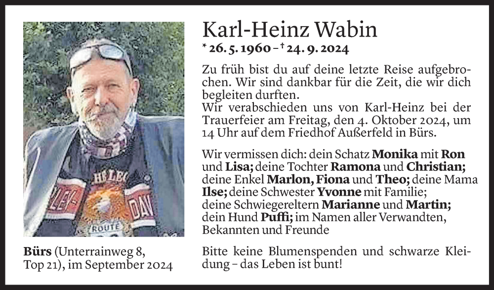  Todesanzeige für Karl-Heinz Wabin vom 01.10.2024 aus Vorarlberger Nachrichten