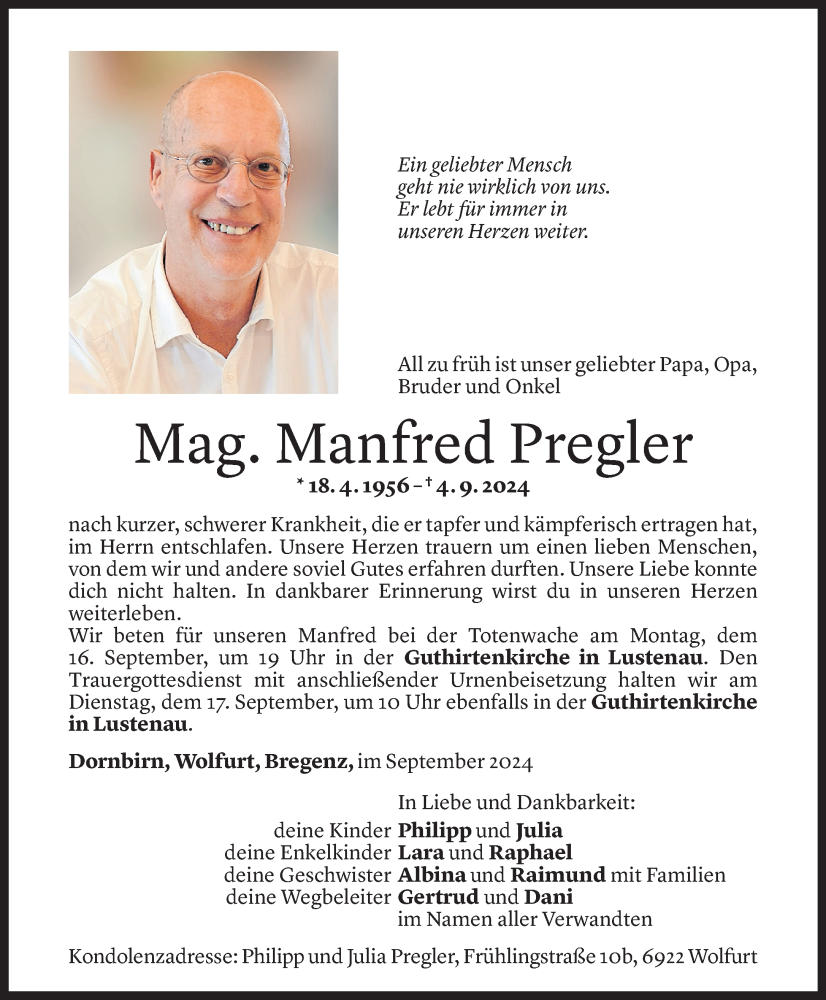  Todesanzeige für Manfred Pregler vom 12.09.2024 aus Vorarlberger Nachrichten