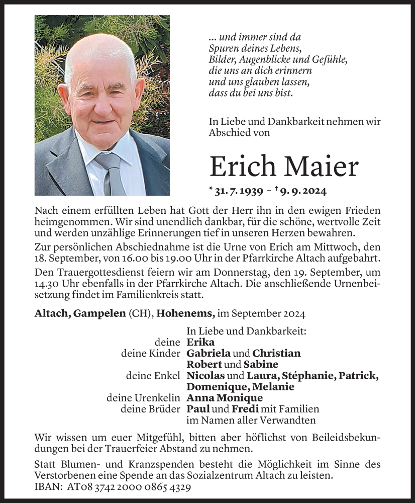  Todesanzeige für Erich Maier vom 14.09.2024 aus Vorarlberger Nachrichten