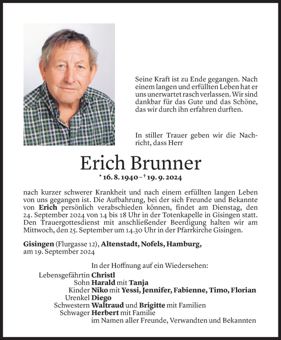 Todesanzeige von Erich Brunner von Vorarlberger Nachrichten