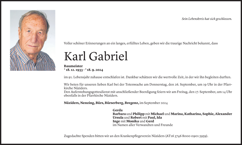  Todesanzeige für Karl Gabriel vom 20.09.2024 aus Vorarlberger Nachrichten