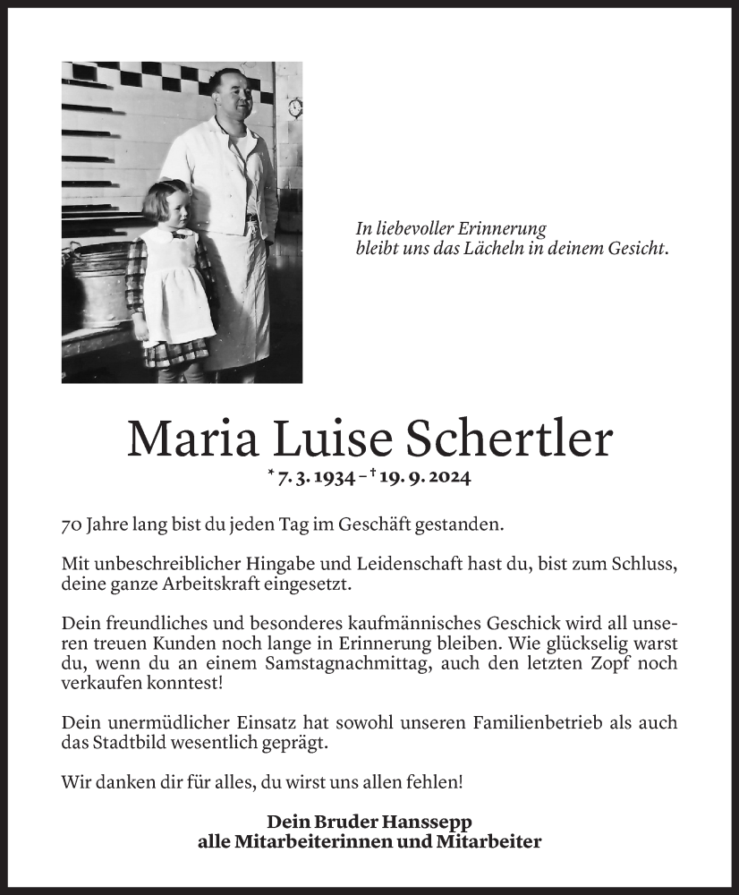  Todesanzeige für Maria Luise Schertler vom 23.09.2024 aus Vorarlberger Nachrichten