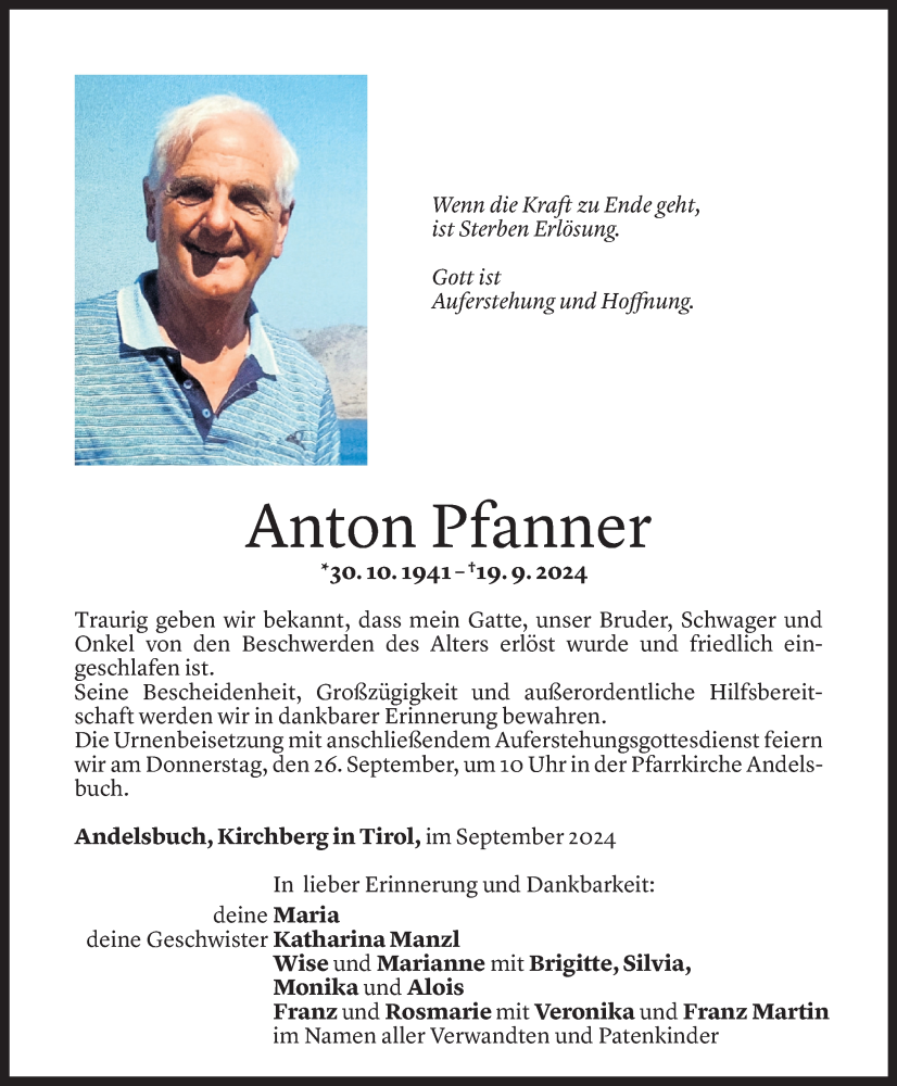  Todesanzeige für Anton Pfanner vom 23.09.2024 aus Vorarlberger Nachrichten
